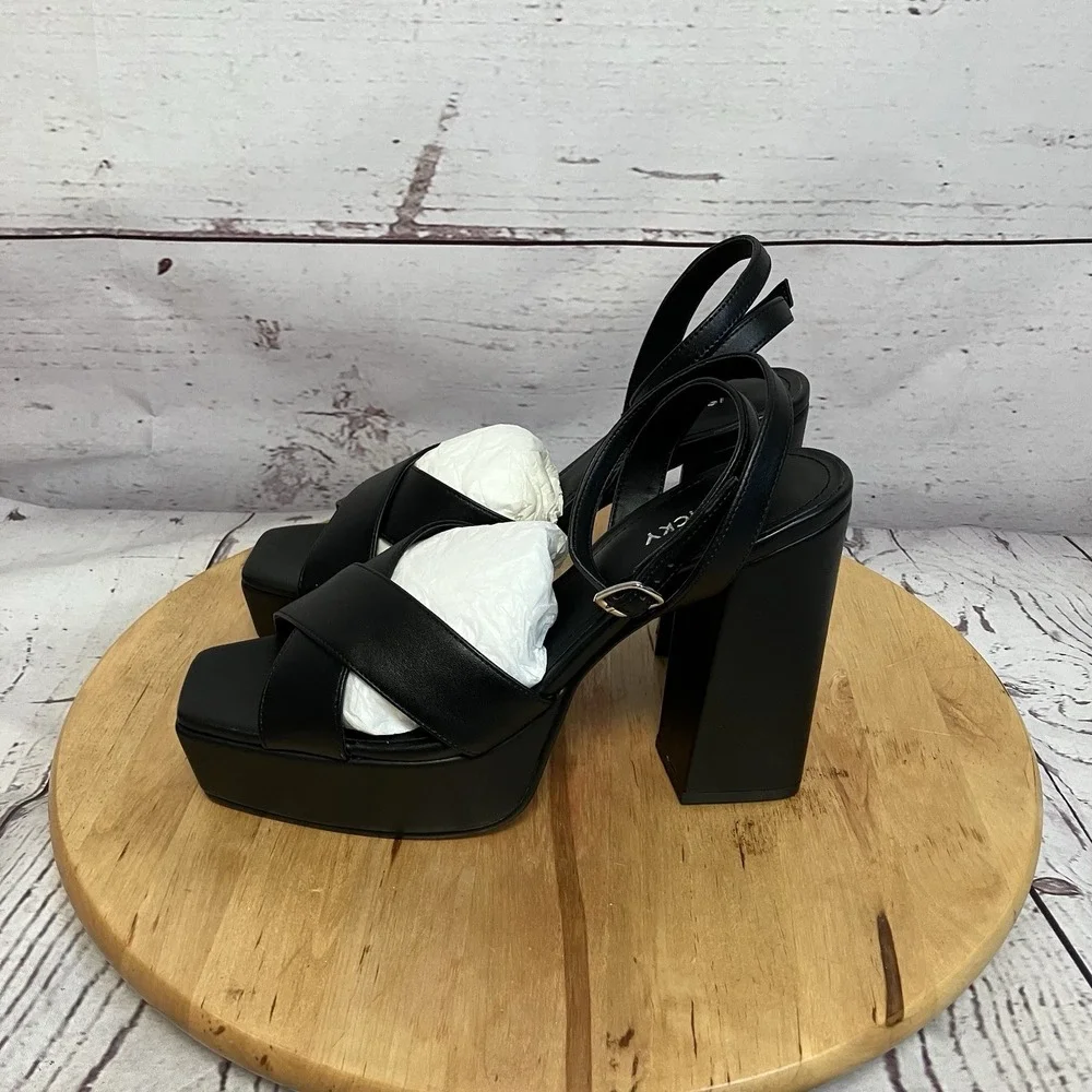 Lisa Vicky Shoes Jazz Black Leather‎ Womens Size 8M Block Heel Open Toe